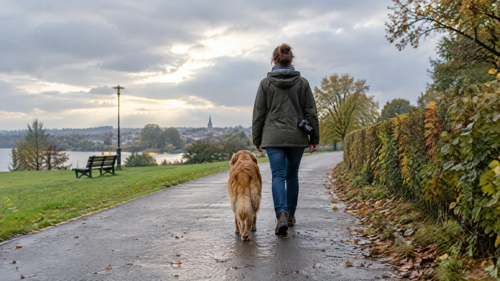 An adult and companion animal seen from behind on an accessible park path, with damp leaves, fresh green growth and soft light after clouds.