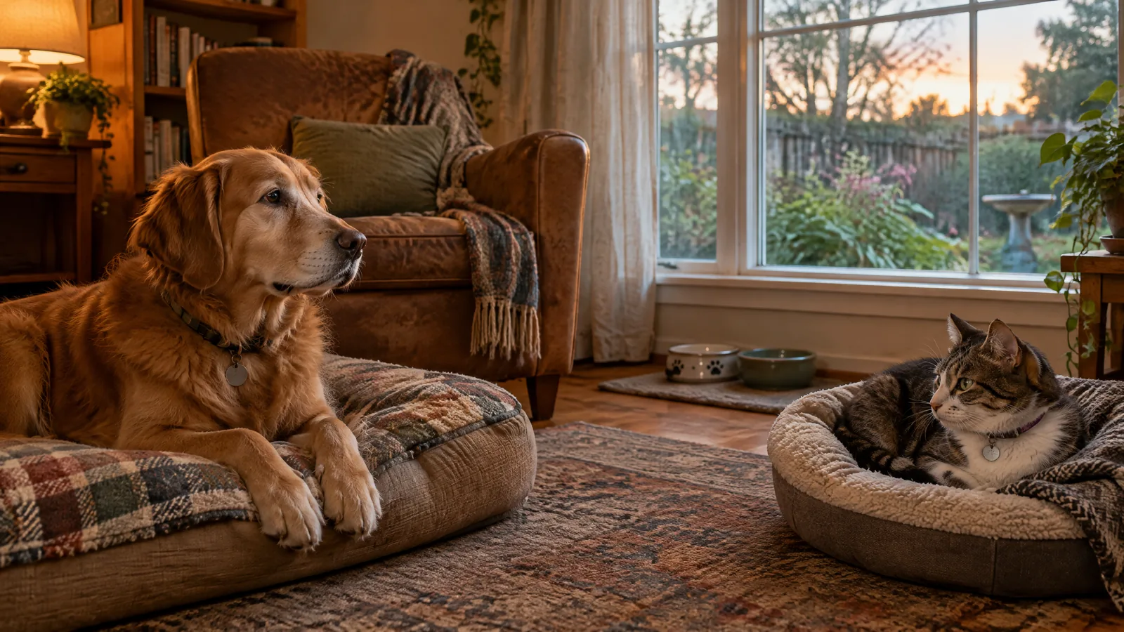 A dog and cat rest in separate, comfortable spaces in a softly lit lived-in room, with a familiar garden visible through the window.