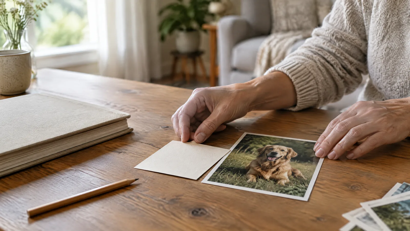 A person’s hands place a blank archival card beside a printed photograph of a beloved dog on a wooden table, with a plain album and pencil nearby.