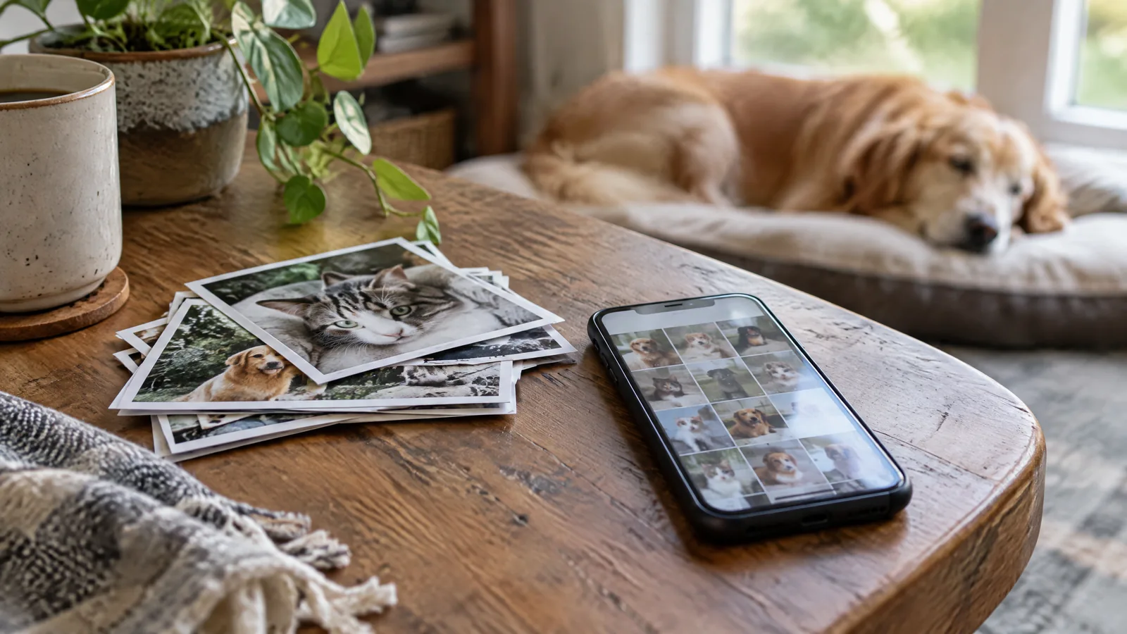 A smartphone beside printed family photographs on a wooden table, with a softly blurred companion animal resting near a sunlit window.