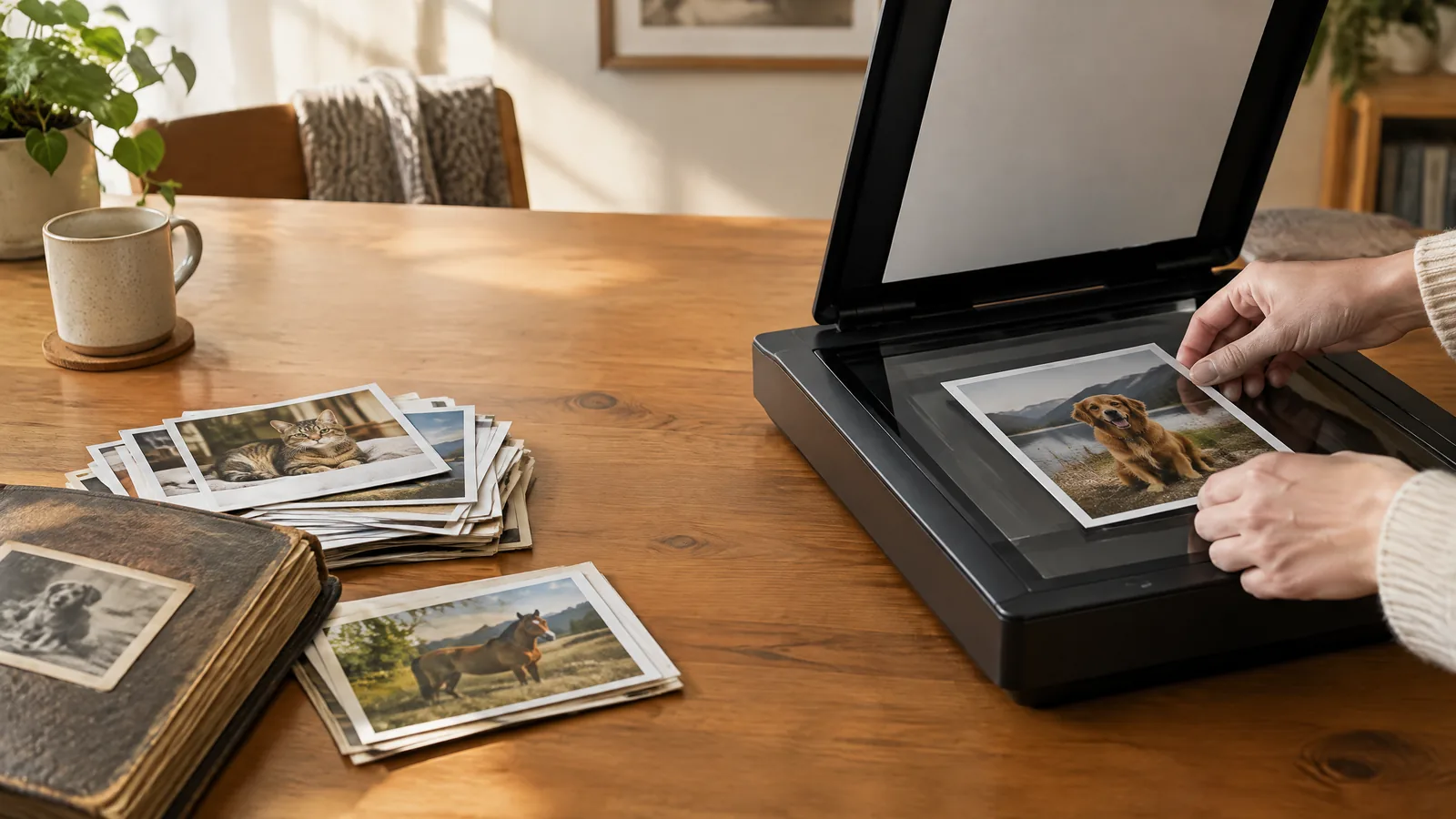 Hands place a printed pet photograph into a flatbed scanner beside a small stack of old prints and an album on a warmly lit table.