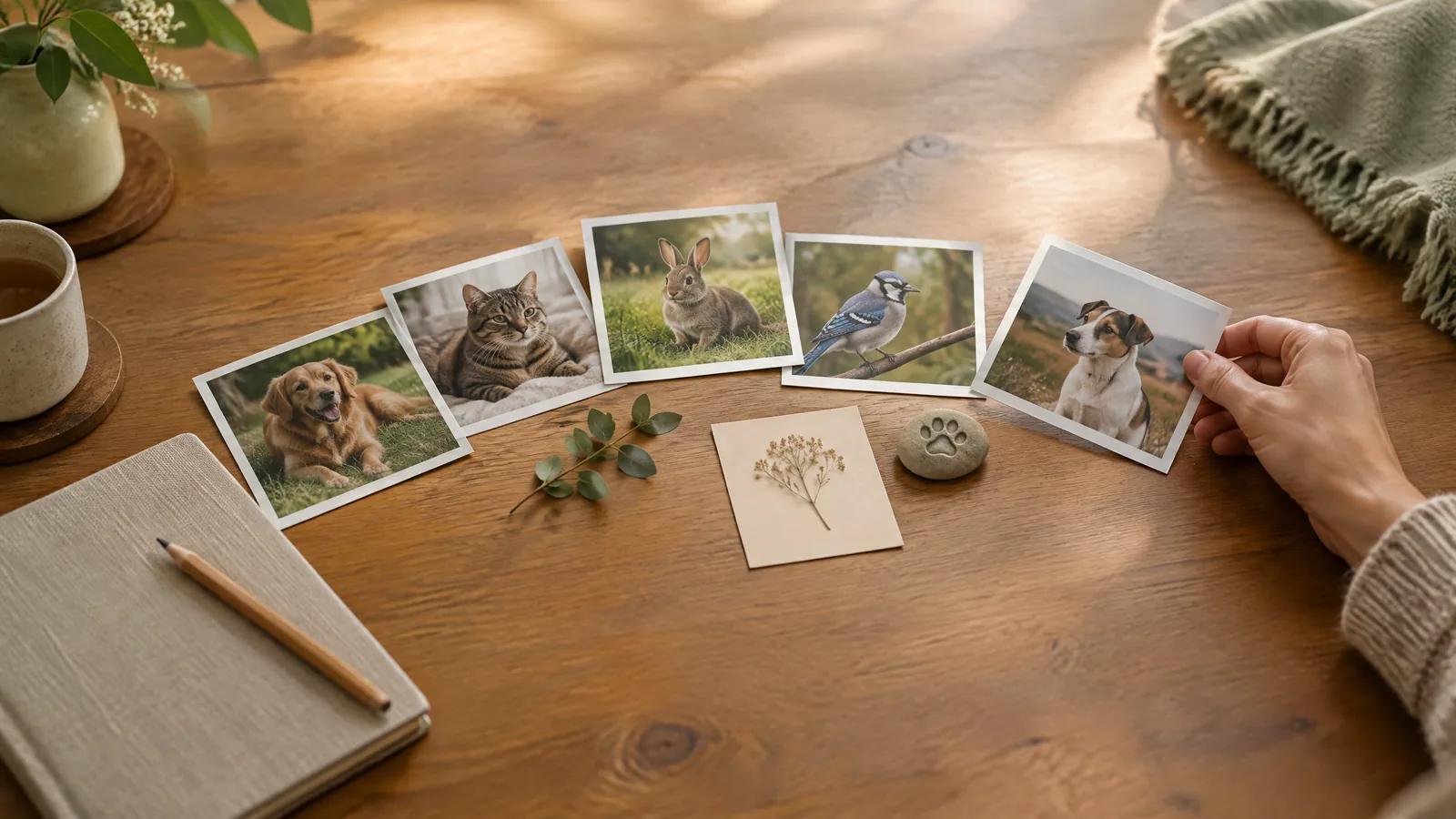 A hand places a companion-animal photograph beside a few keepsakes and a linen notebook on a softly lit wooden table.