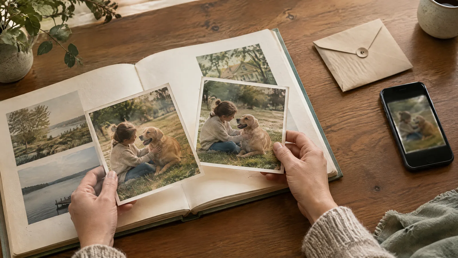 Hands gently comparing two similar dog photographs in an open album beside an envelope and a phone with an indistinct image.