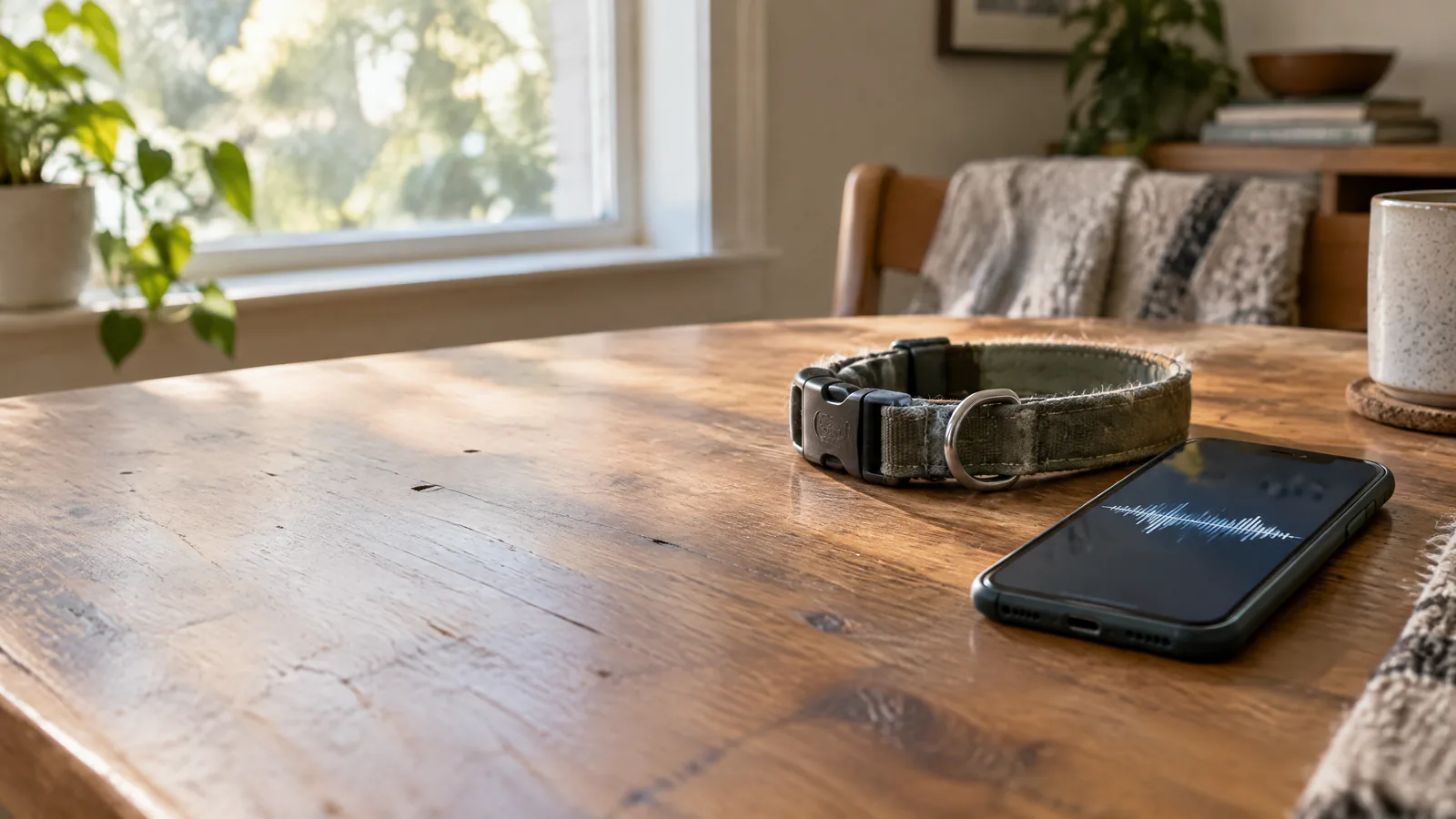 A softly worn pet collar and phone with an indistinct waveform rest on a wooden table beside a sunlit home window.