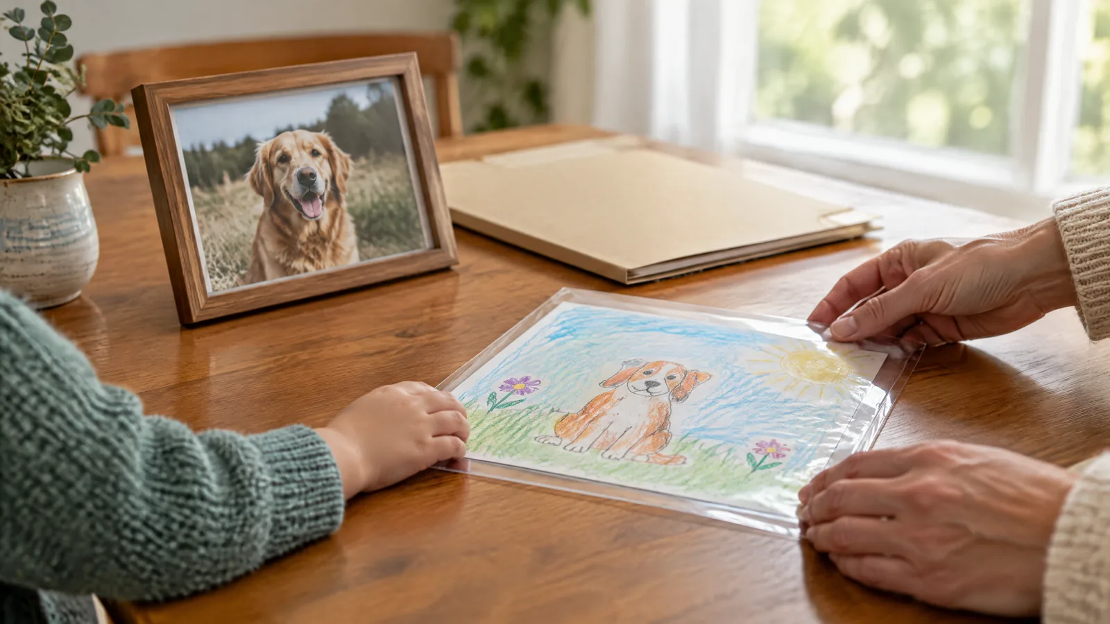 A colorful animal drawing beside a softly blurred companion-animal photograph as two hands place the paper in a clear sleeve.
