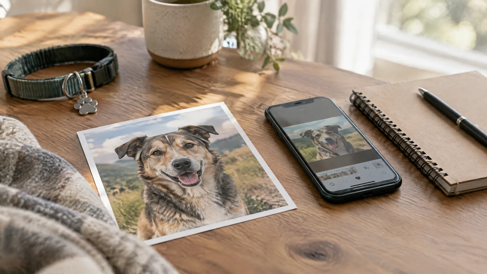 A printed photograph of a mixed-breed dog rests beside a notebook, phone, and small paw-print keepsake on a softly lit table.