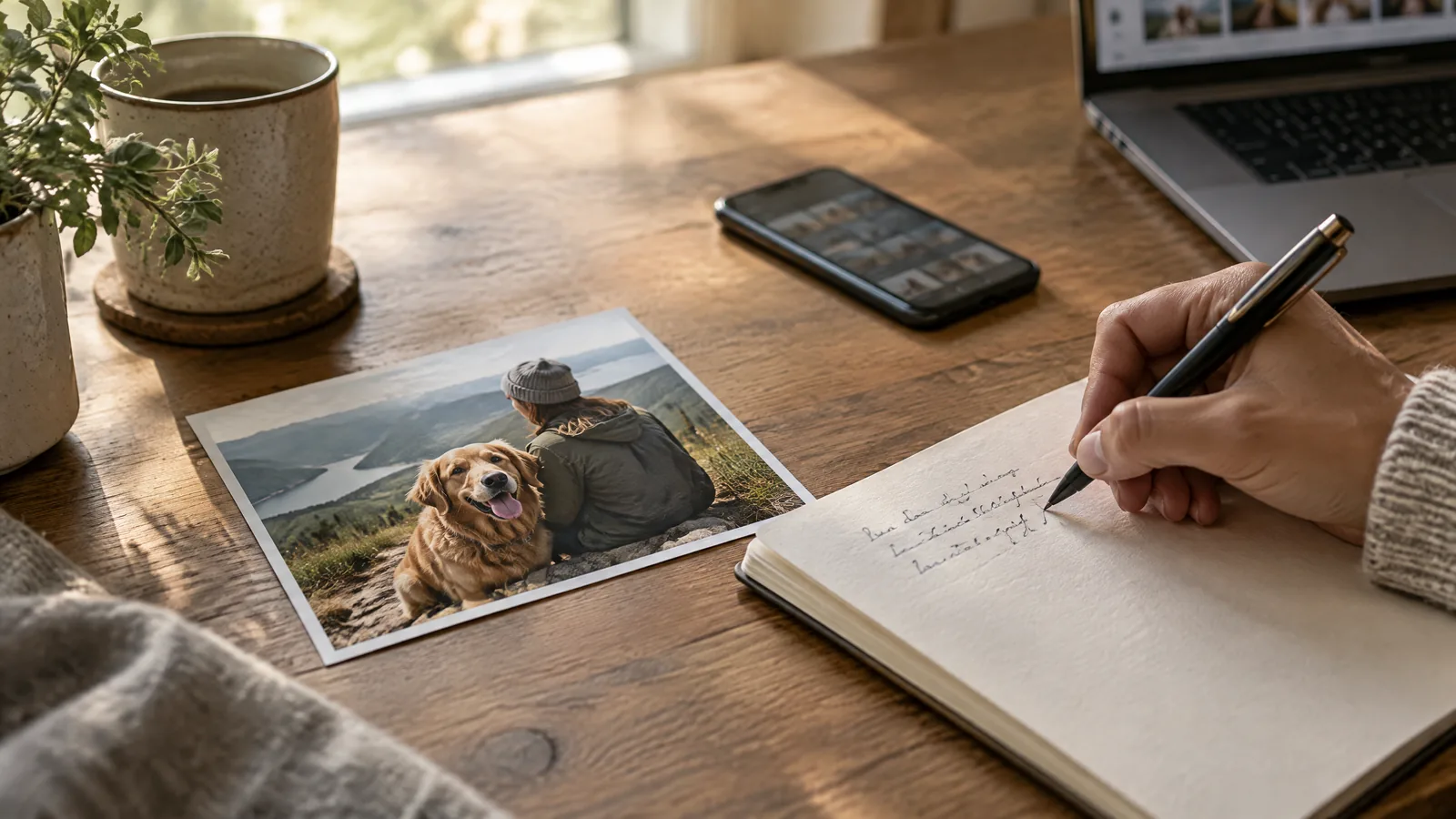 An adult hand writes beside a printed photograph of a person with a dog outdoors, with a phone nearby in soft window light.