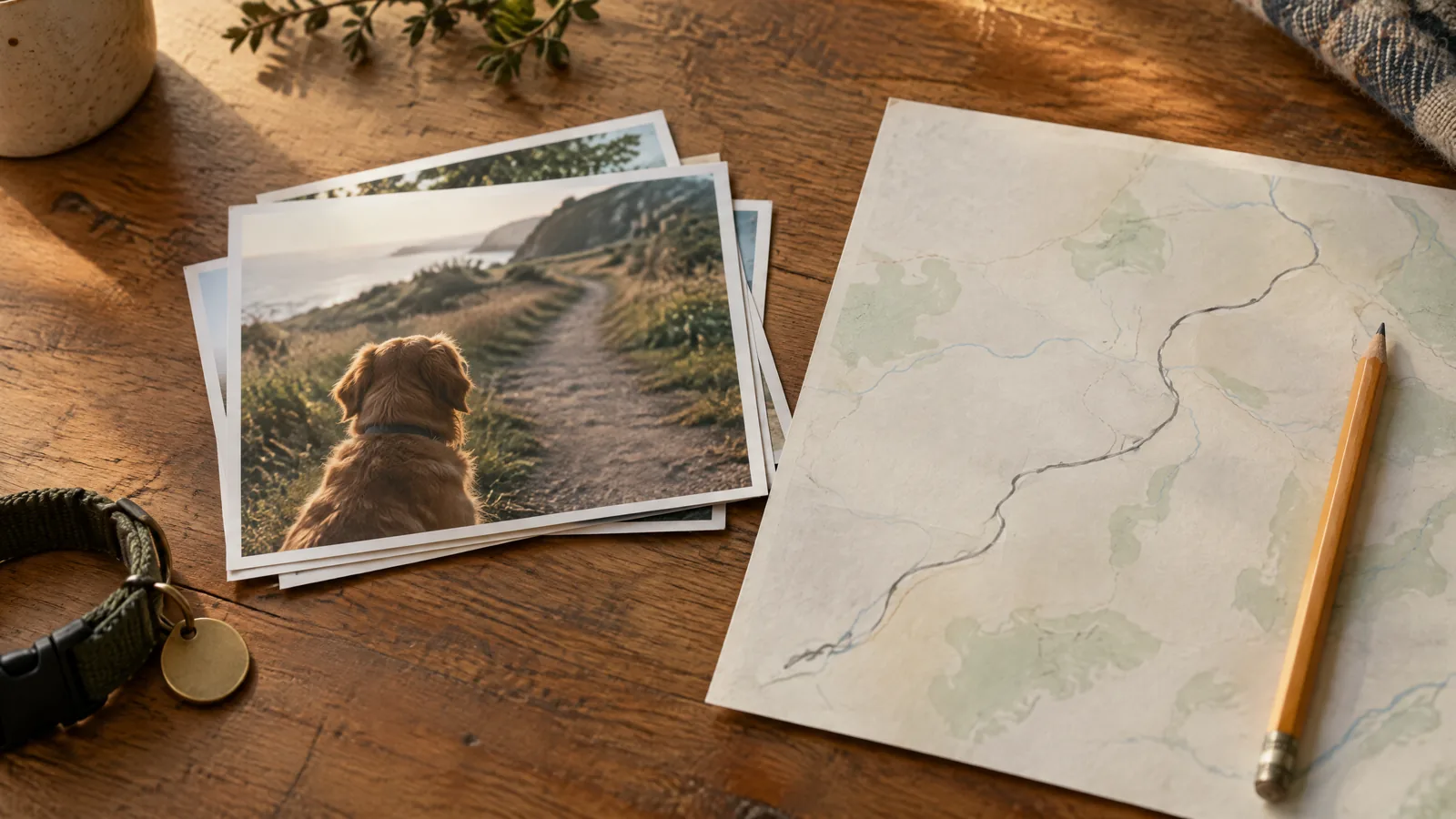 Printed photographs beside a blank paper map and pencil on a softly lit wooden table; a small collar rests partly in view.