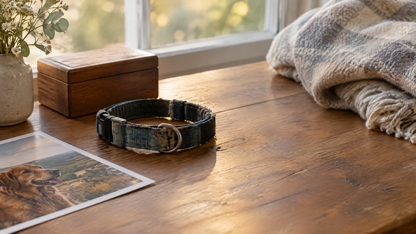 A worn pet collar and partly visible photograph rest beside a keepsake box and folded blanket on a softly lit table.