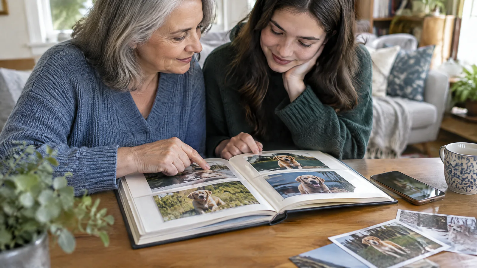An adult and a younger family member quietly look through an album of photographs showing a dog or cat at different ages.