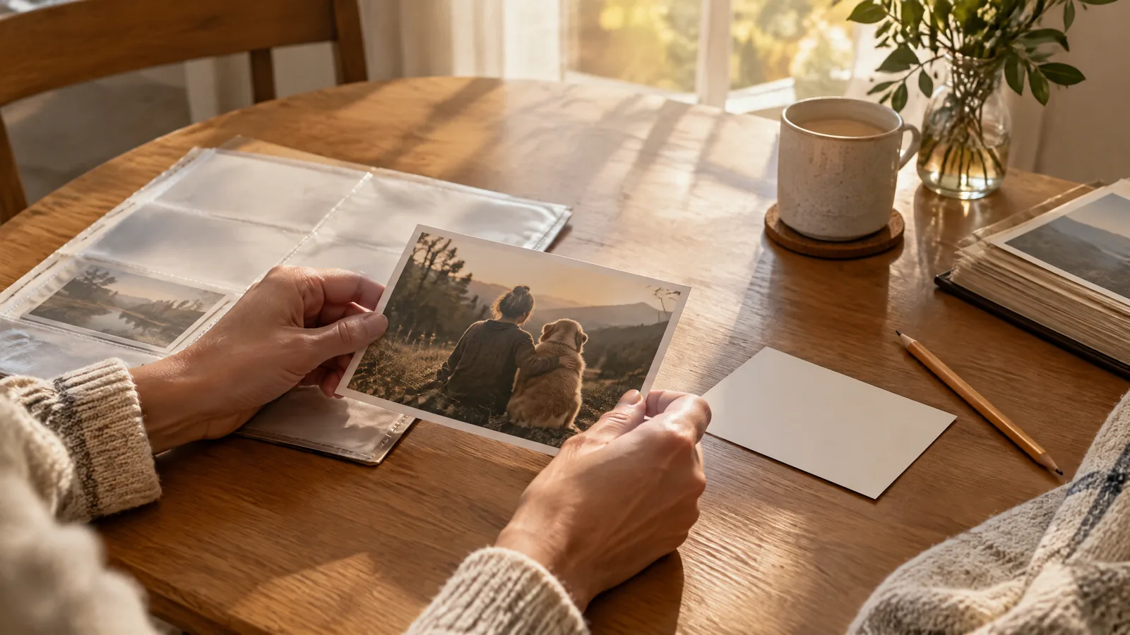 Hands gently arrange a family photograph of a person with a dog on a wooden table beside a protective sleeve and blank caption card.
