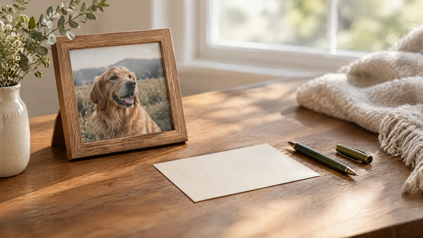 A framed pet photograph beside a blank cream card and uncapped pen on a softly lit tabletop, with a familiar fabric keepsake out of focus.