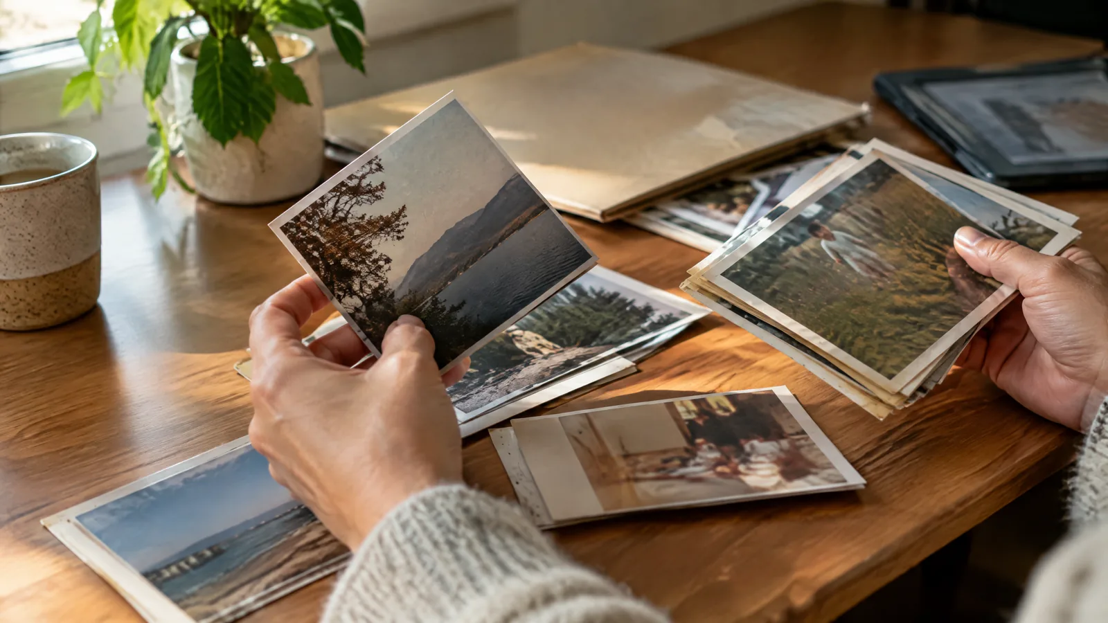 Hands gently sorting varied family photographs on a quiet tabletop, including a softly faded print and an imperfectly framed snapshot.