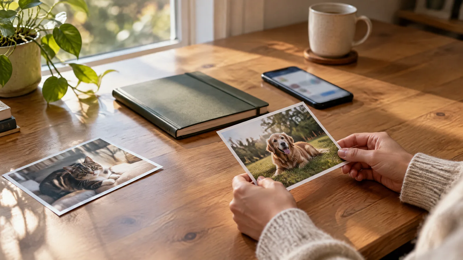 A printed pet photograph and closed notebook beside a phone with an unreadable sharing screen on a warmly lit home desk.