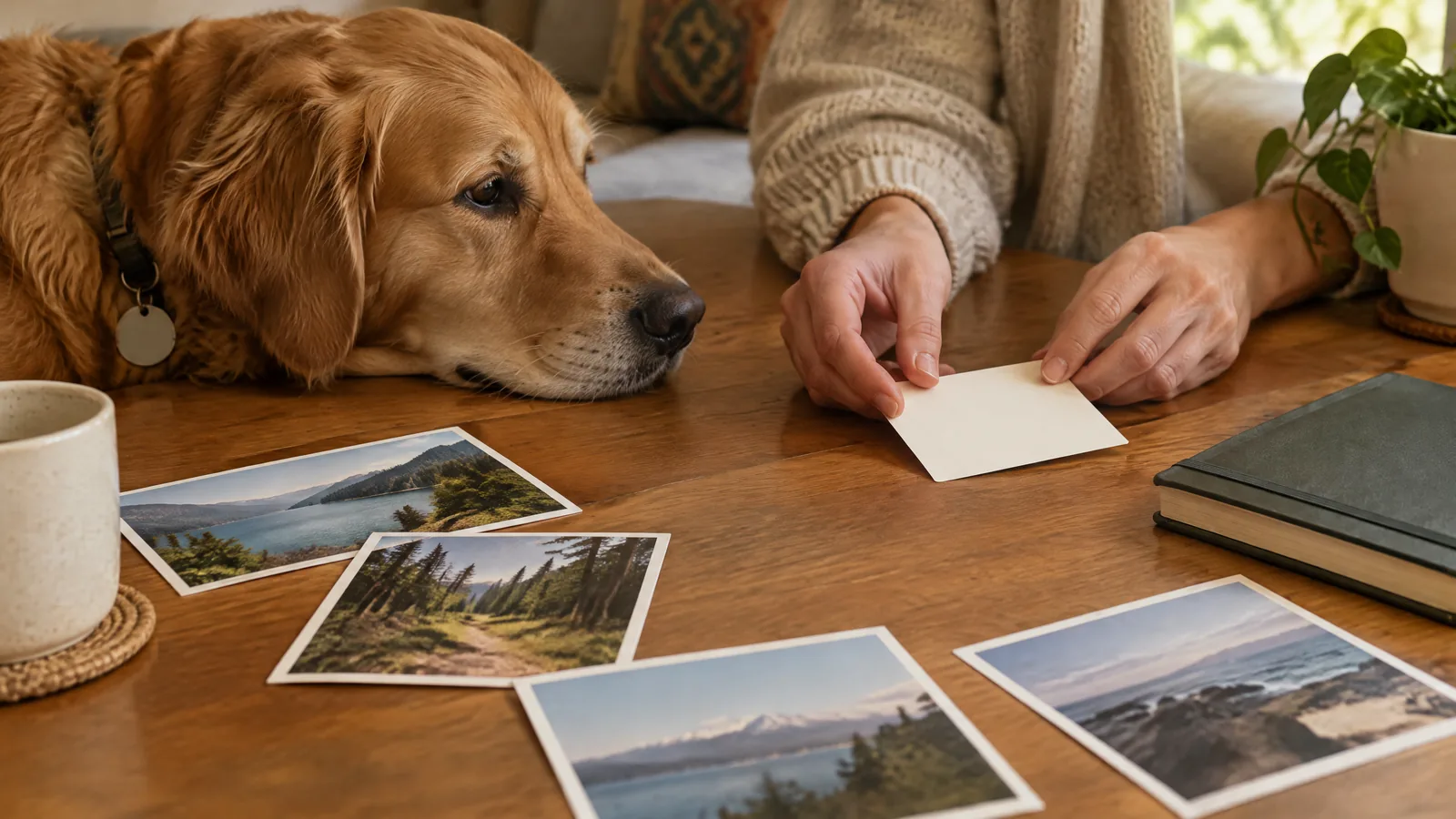 A dog rests beside a person’s hands arranging a blank card, turned-away collar tag, printed photographs, and a closed notebook in soft window light.