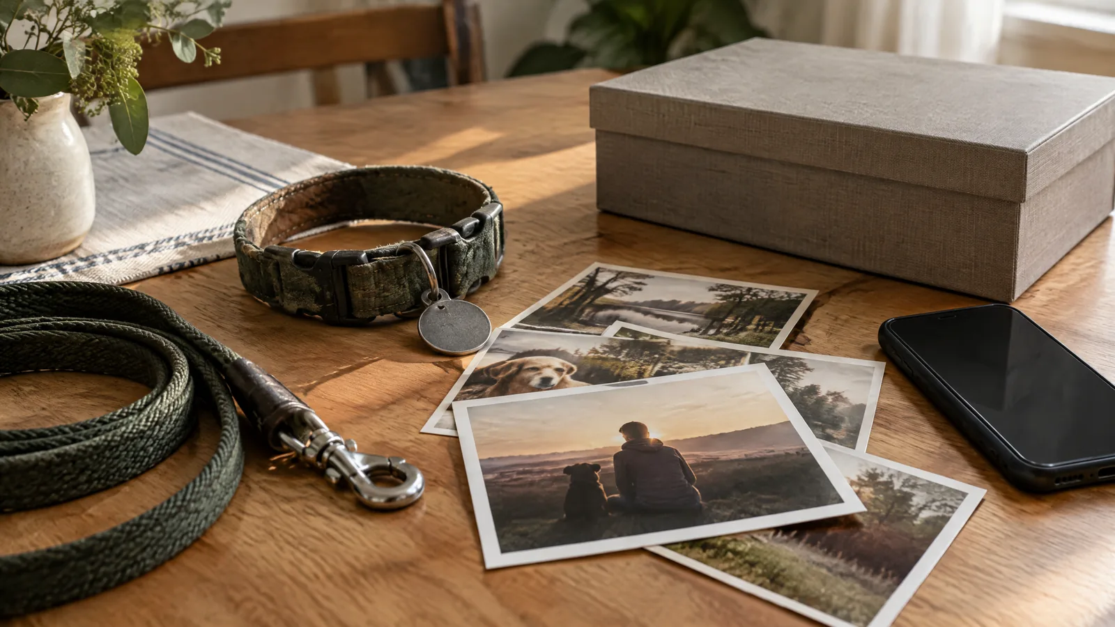 A pet collar, unreadable metal tag, lead, indistinct printed photographs, closed box, and blank-screen phone arranged on a wooden table.