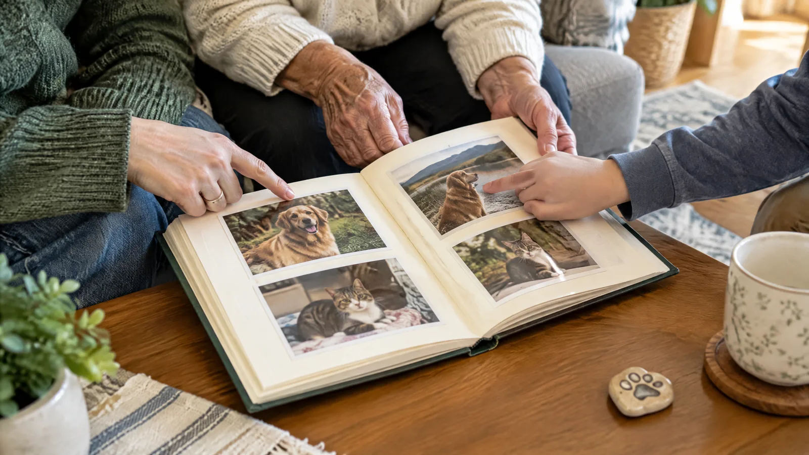 Family members of varied ages sit around a low table with an open photo album and a framed picture of a companion animal, sharing a quiet moment in soft daylight.