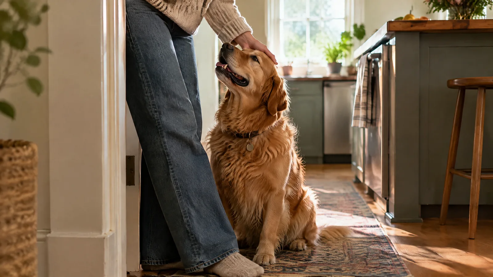 A relaxed pet resting near family members’ hands, a worn blanket, and a familiar toy in warm living-room light.