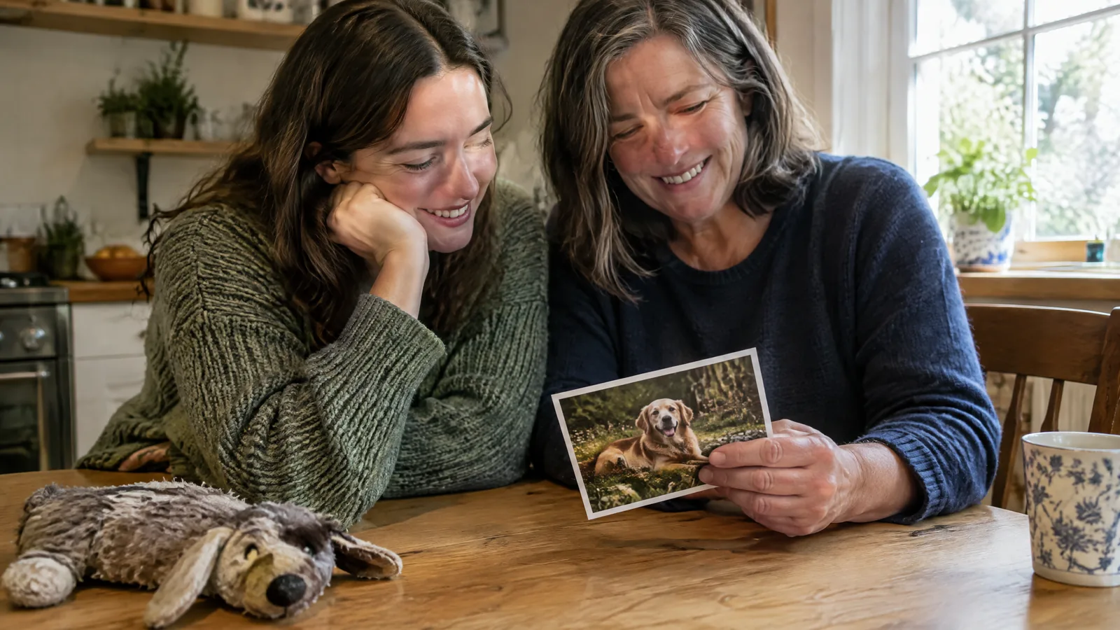 A multigenerational family sits at home with a framed pet photograph and memory album, sharing a gentle smile while one person looks thoughtful.