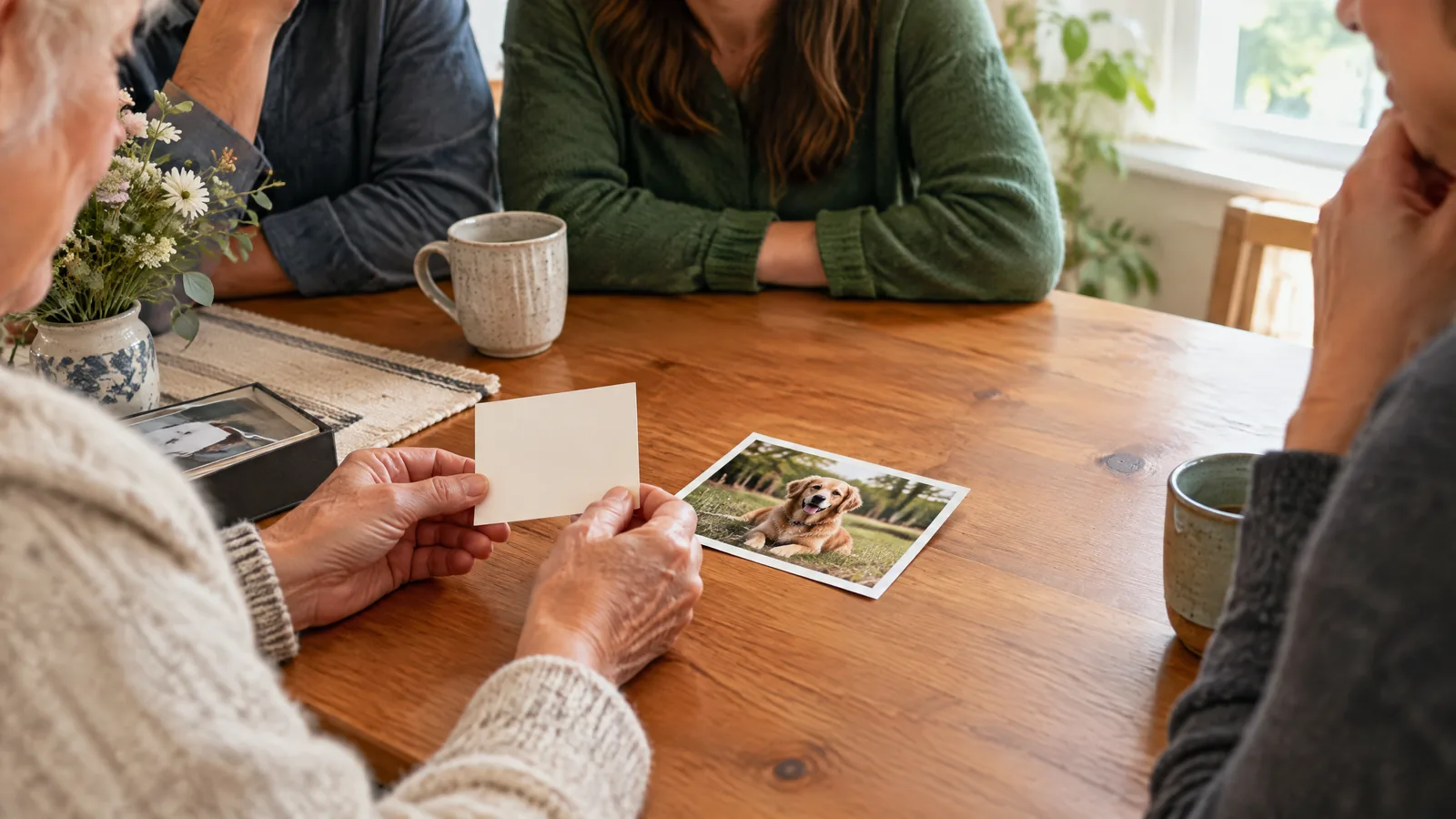 Two adult relatives sit at a kitchen table, quietly looking at a small photograph of a companion animal beside a blank notebook.