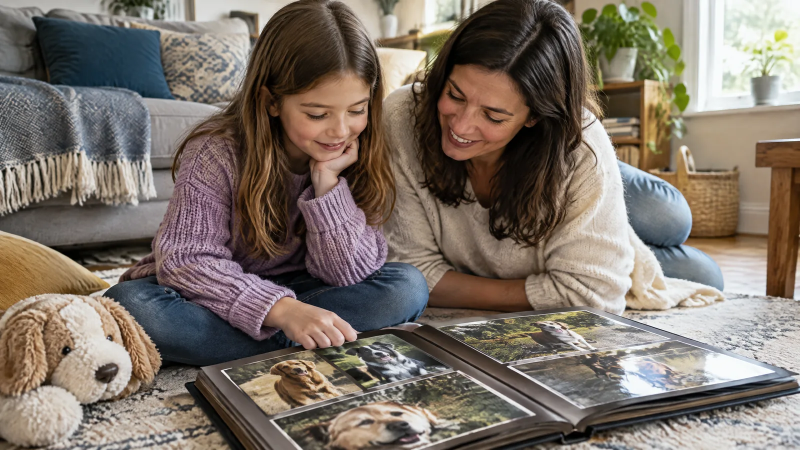 A child and caring adult sit together at home, looking through printed photographs of a beloved dog beside its collar and toy.