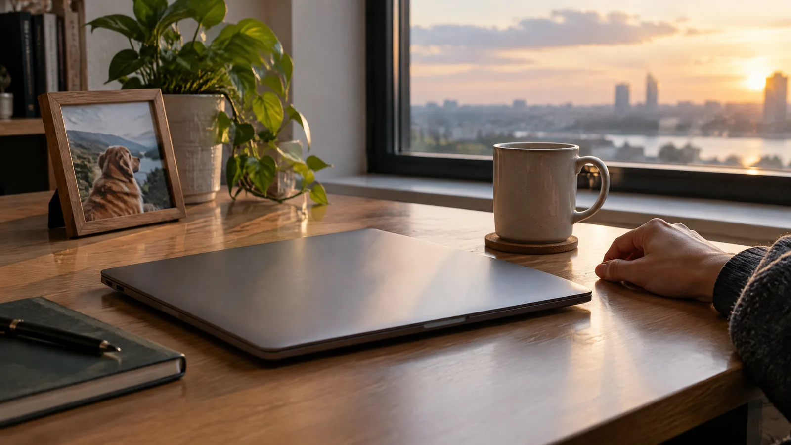 A softly lit workplace corner with an empty chair, closed notebook, ceramic mug, and a small framed pet photograph turned away.