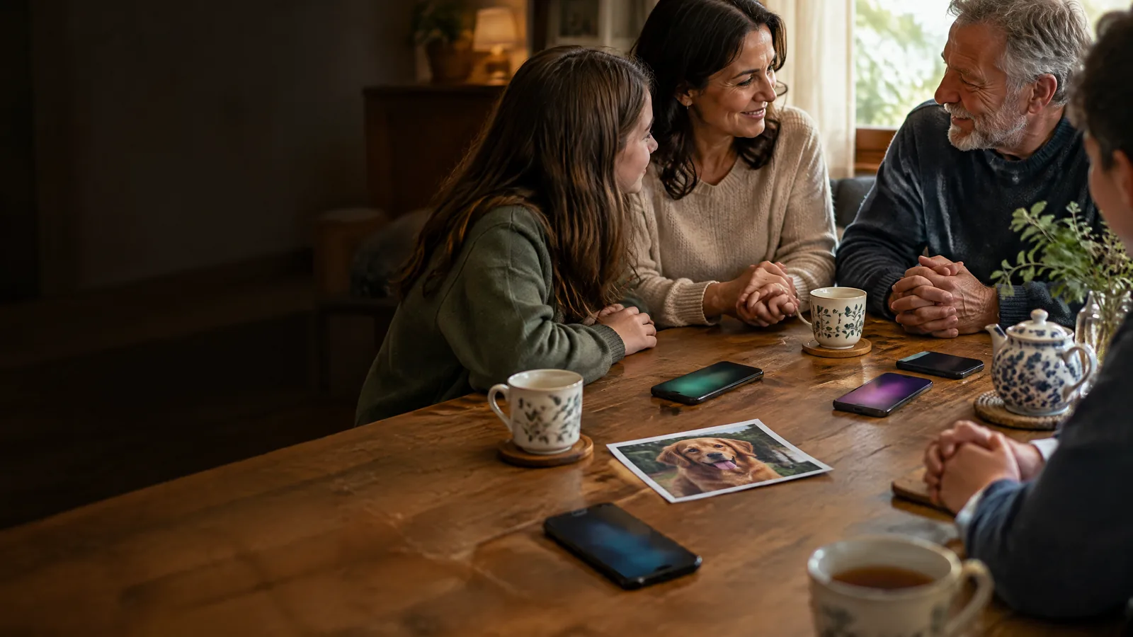 A phone rests face-down beside a framed dog photograph and a small keepsake bowl, with several adults’ hands nearby in warm evening light.