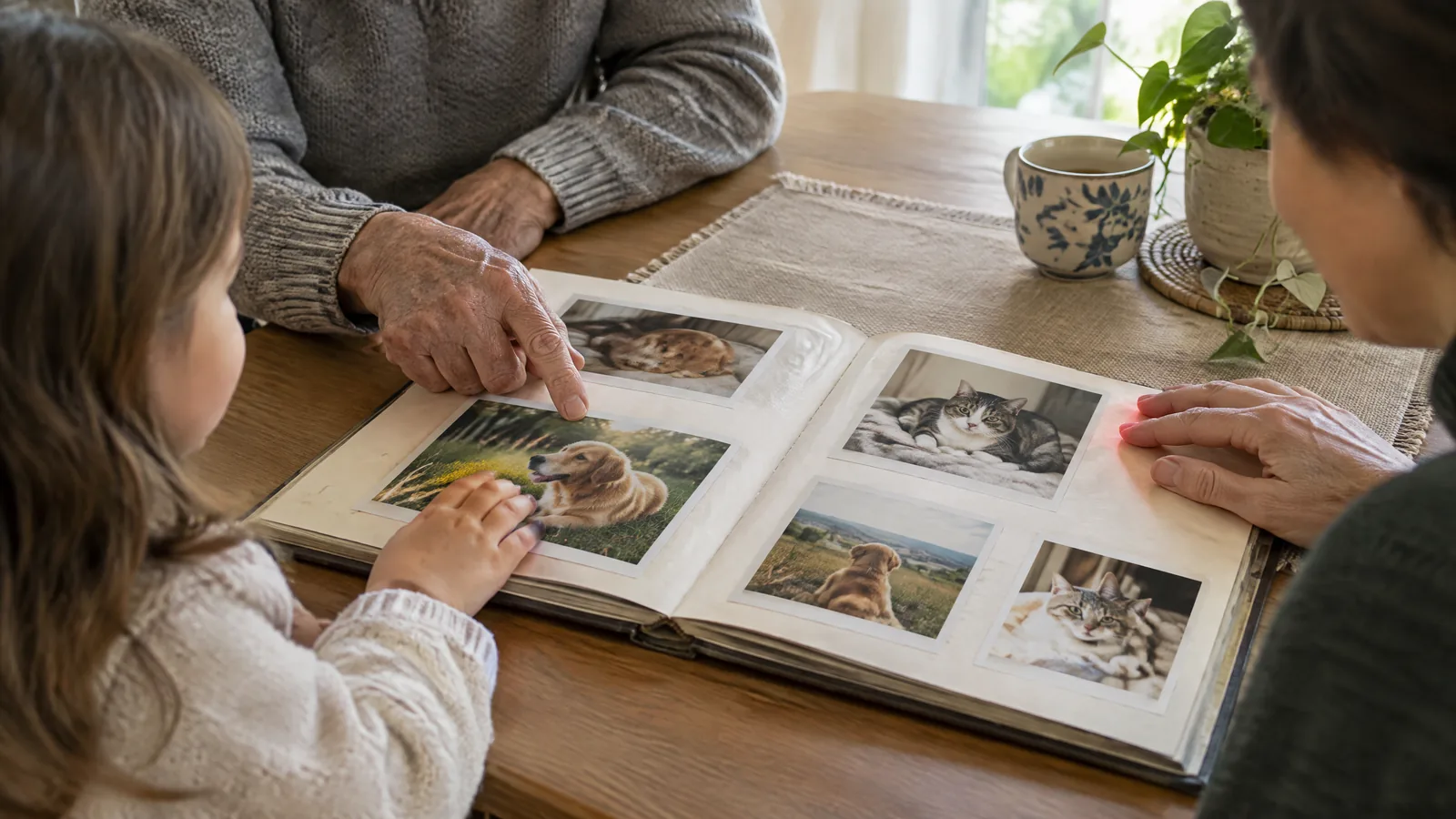 Several generations’ hands arrange a small pet memory box on a sunlit table; an indistinct framed photograph and a face-down phone sit nearby.
