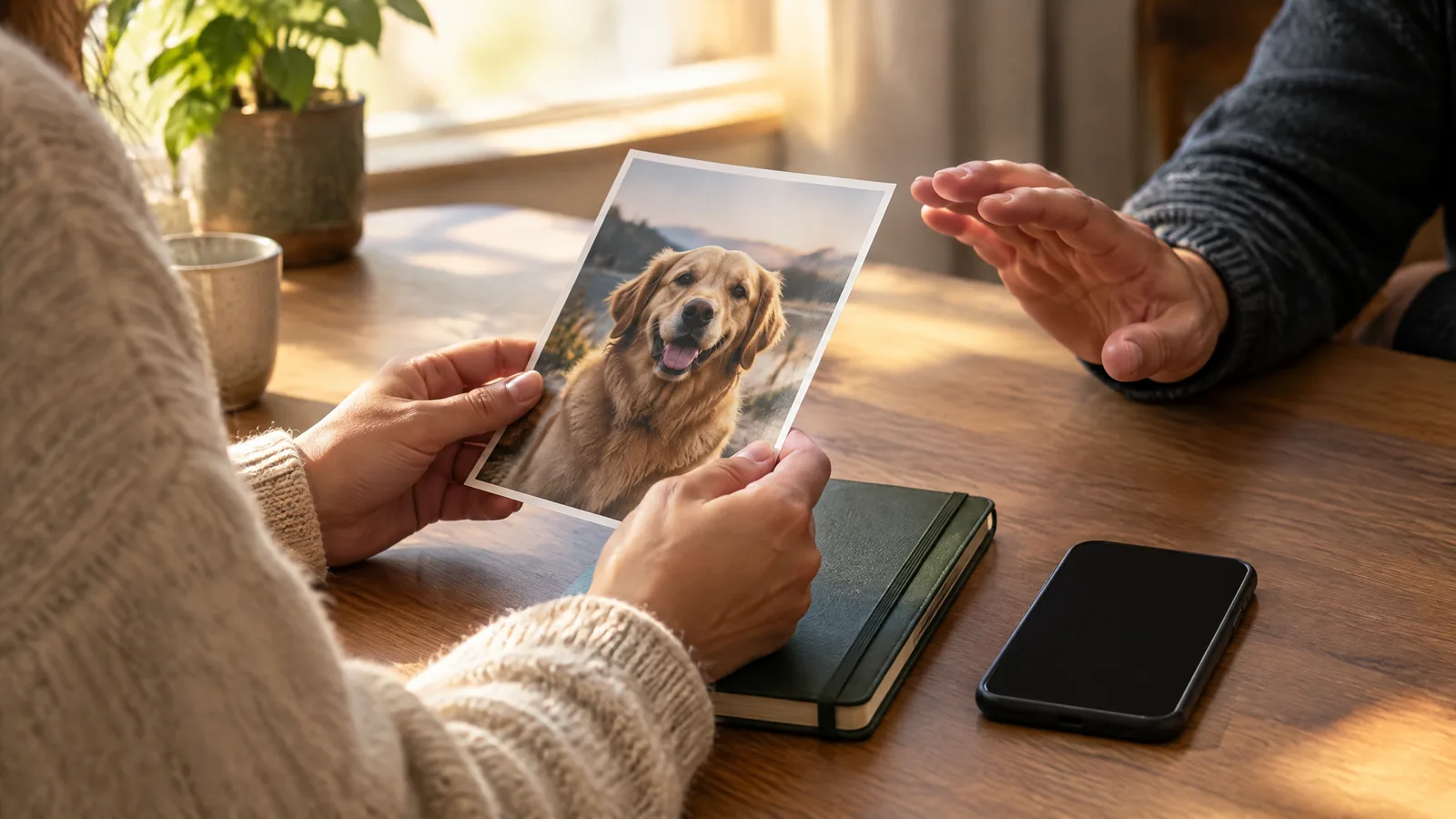 A phone showing a generic pet photo rests on a warmly lit table, with a blank card nearby and a framed pet image softly blurred in the background.