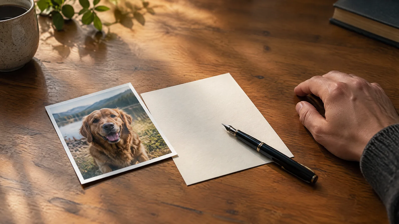 An adult and child place a blank card beside a softly blurred pet photograph and a small keepsake on a warmly lit family table.