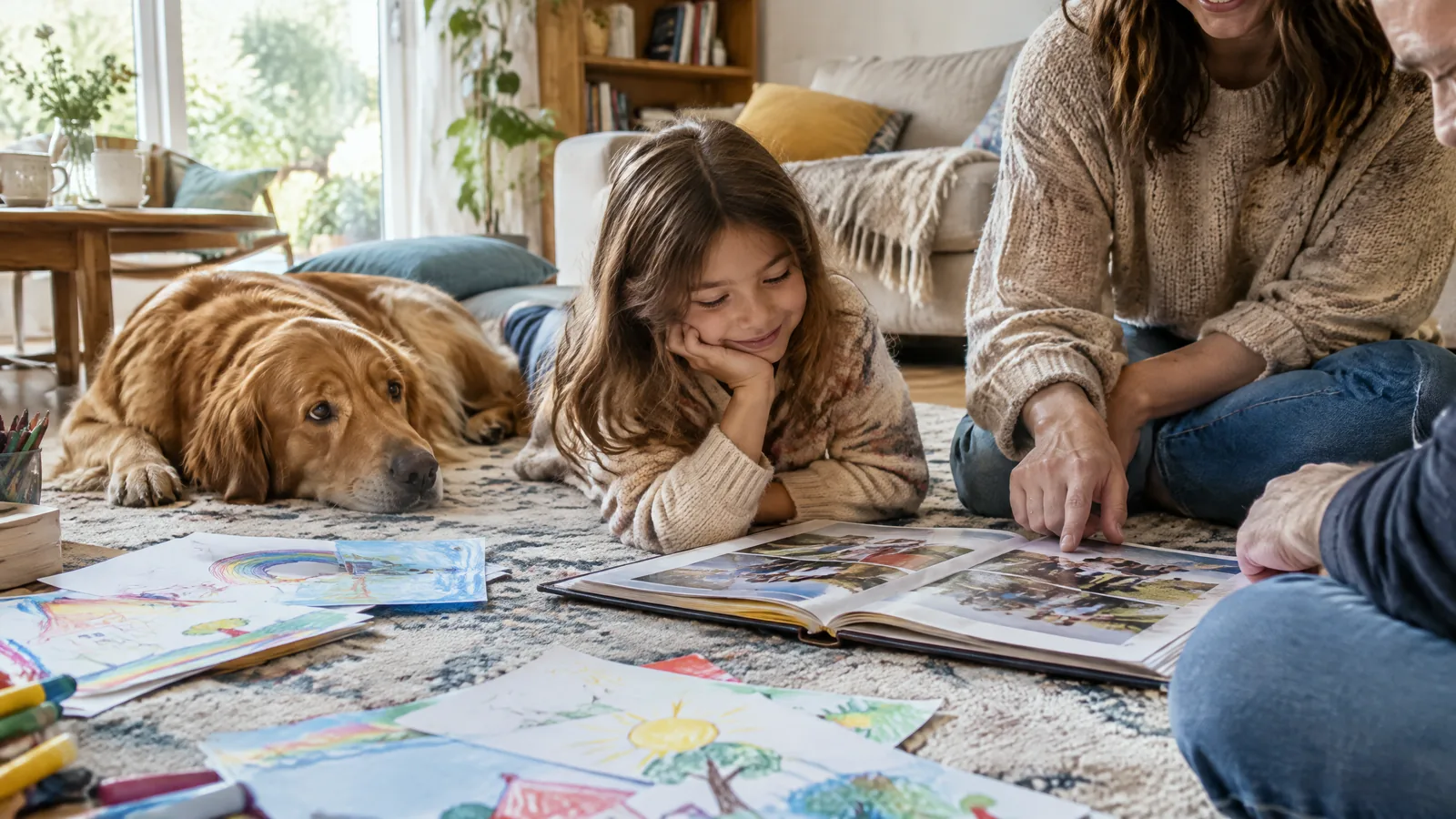 A multigenerational family looks together at an old photograph while a relaxed dog rests nearby in a softly lit living room.