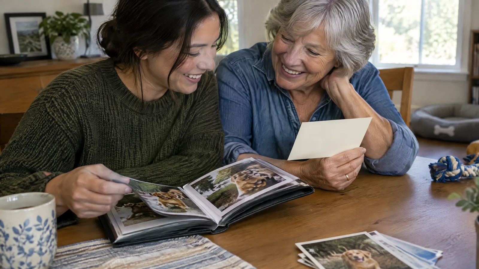 Two generations share a quiet moment at a kitchen table beside a framed companion-animal photograph.