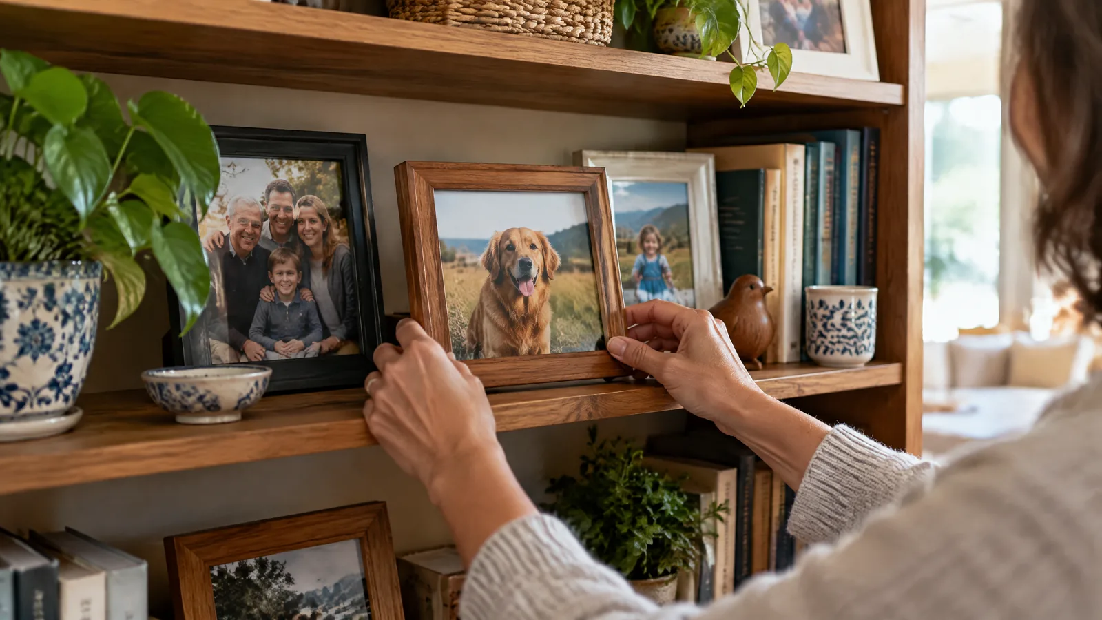 A small framed pet photograph sits among family pictures and everyday keepsakes in a warmly lit, lived-in room.
