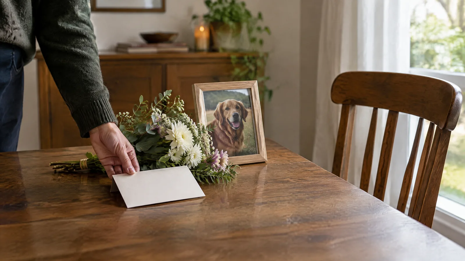 Two adults’ hands meet beside a card and tea at a quiet kitchen table, with a companion-animal photo softly blurred in the background.