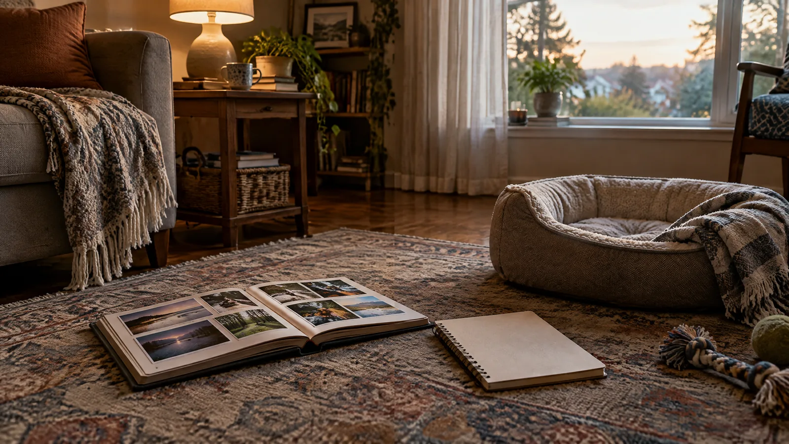 Family members sit quietly in a sunlit living room near a framed companion-animal photo, a blank notebook, and a folded blanket.