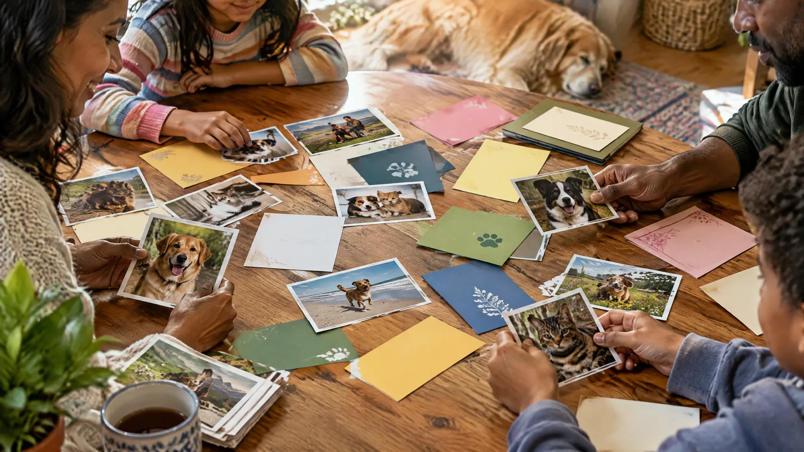 A multigenerational family gathers around a table, sharing a companion animal’s photograph and a small memory album.