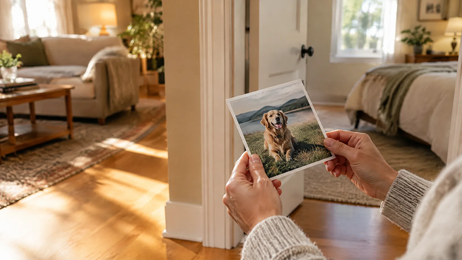 Two people sharing a printed photograph of someone beside a beloved dog at a warmly lit home table.