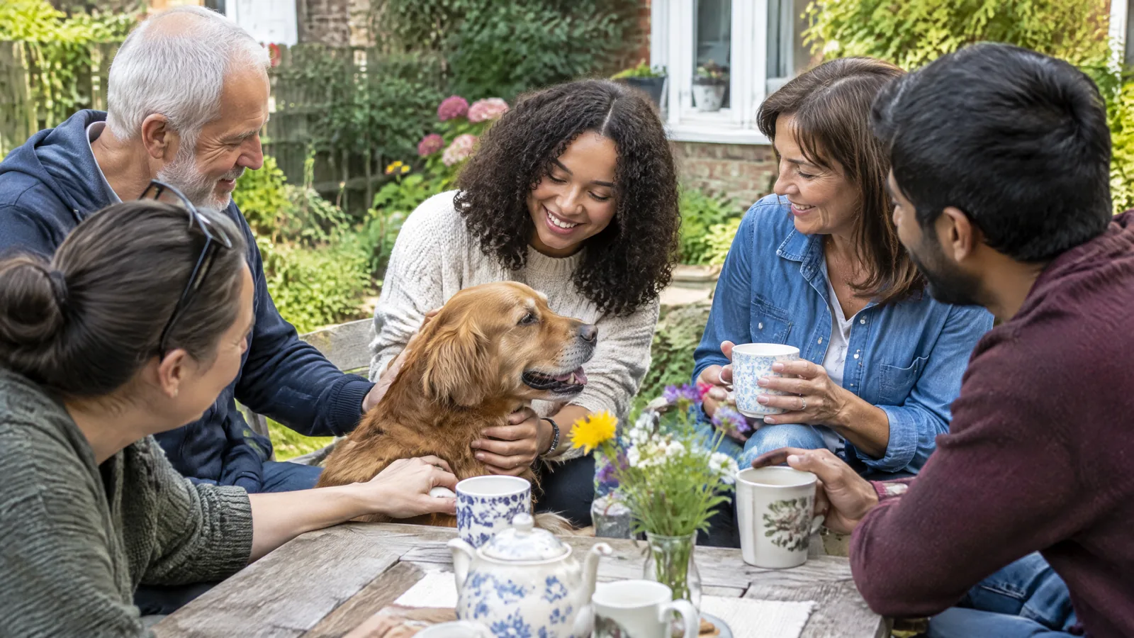 Adults and a child share a small photo album and favorite toy in a warm, lived-in home, with a calm companion animal nearby and an empty cushion.