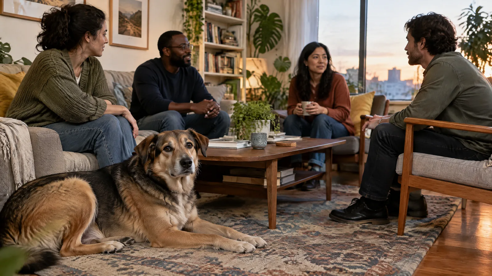 A warm, text-free home scene reflecting the human-animal bond as a subject for respectful general reading