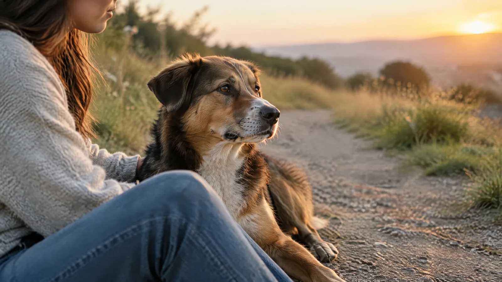 An attentive mixed-breed dog sits beside a neighborhood garden path in warm afternoon light.