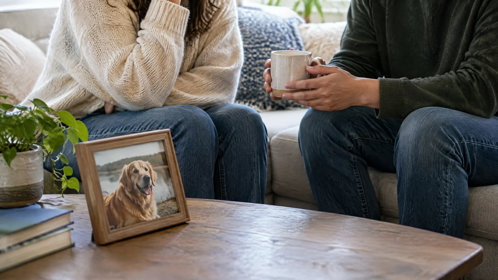Two people sit together in a softly lit home, one holding a framed pet photograph as the other listens quietly.