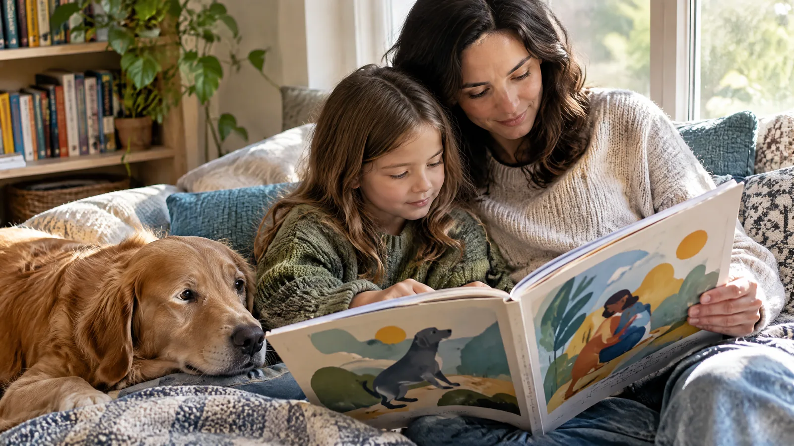 A warm, text-free home scene reflecting the familiar place of companion animals in children’s books and family stories