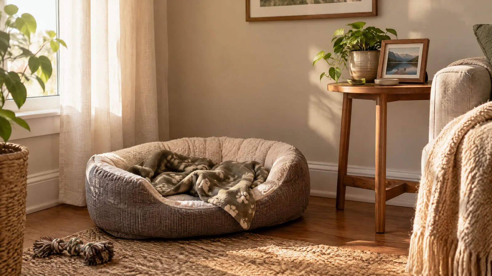 A softly lit home corner with a turned framed photograph, a worn collar, a ceramic bowl, and one sprig of greenery.