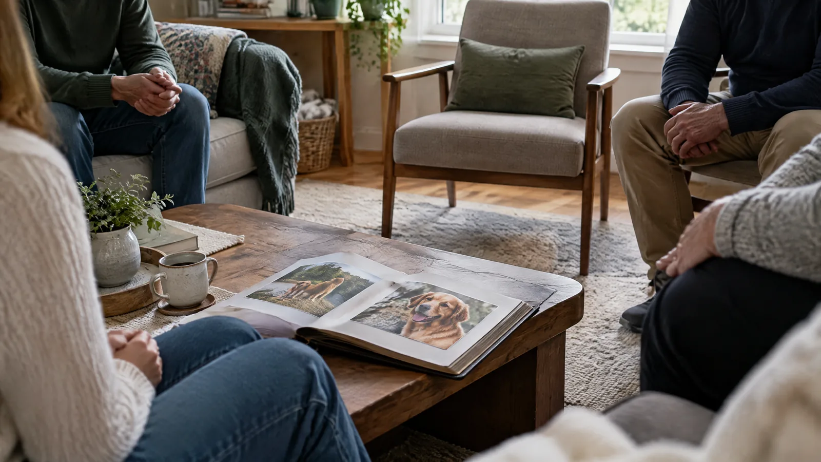 A small neighbourhood gathering around a table with candles and a pet photograph, with an open chair and a seated guest at the circle’s edge.