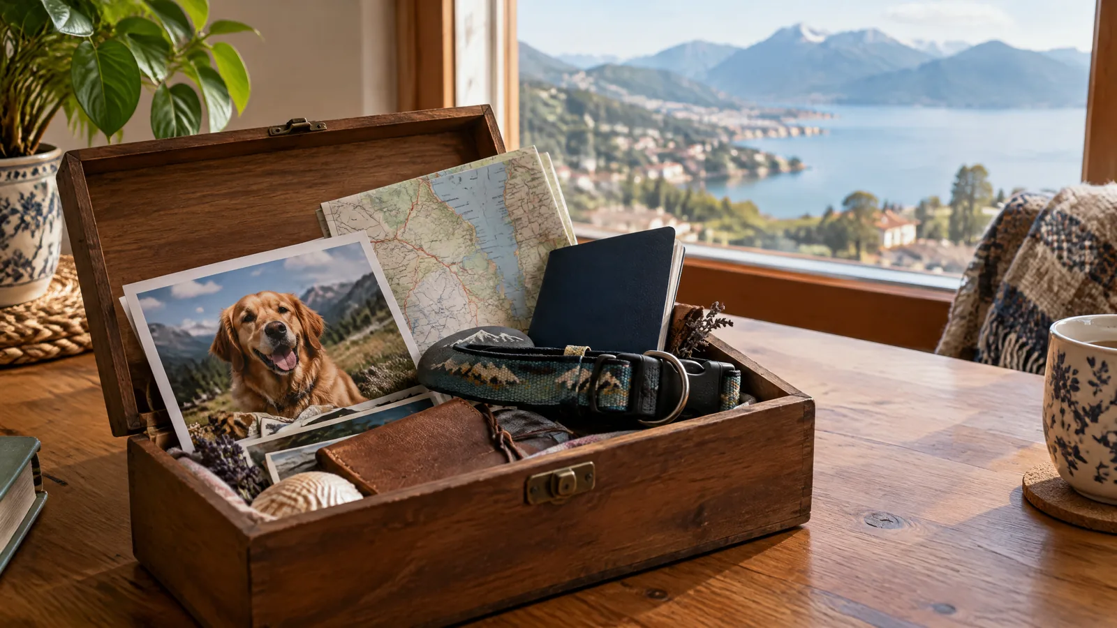 A pet stands calmly beside a worn blanket and packed suitcase in a softly lit entryway, near a new doorway.