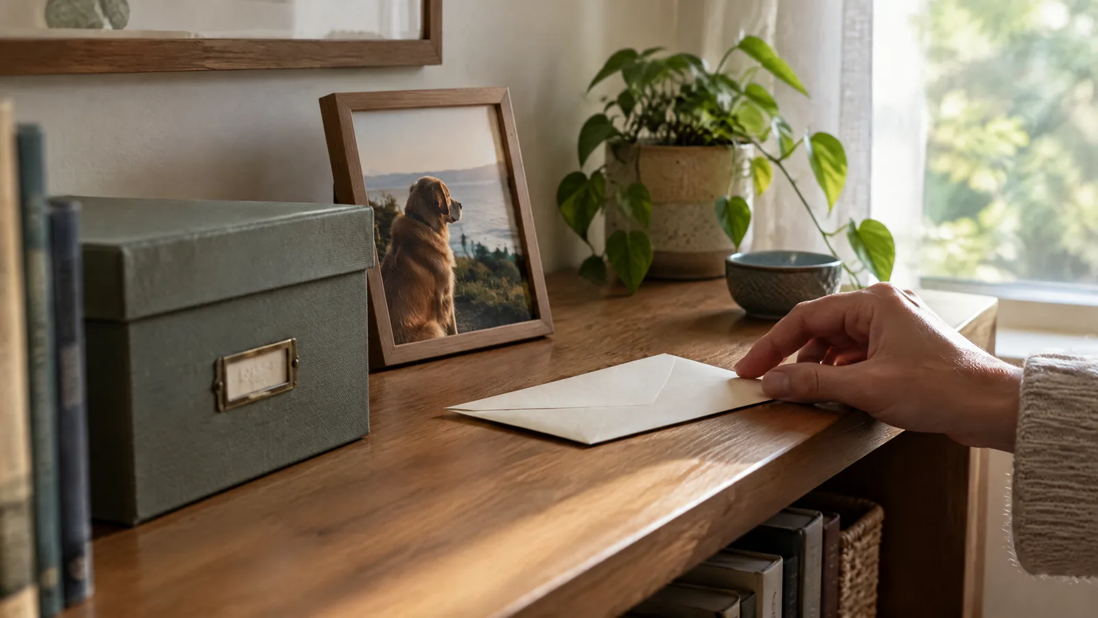 A quiet home corner with a framed pet photograph, closed keepsake box, phone showing an abstract private folder, and a paw-print keepsake.