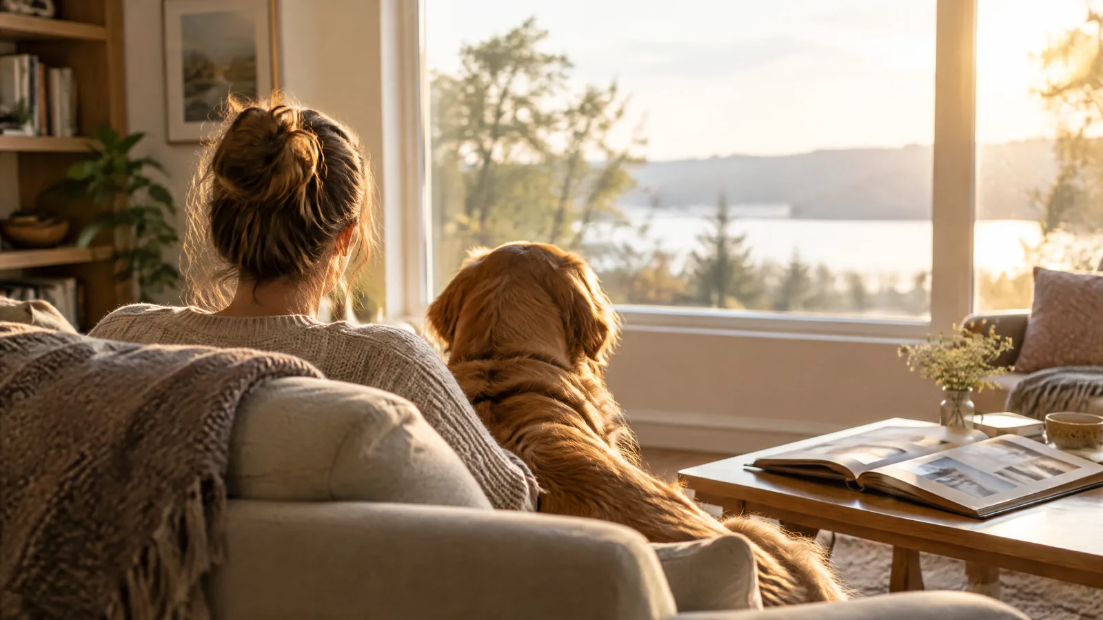 Adult hands opening a small memory box on a sunlit table, with a softly blurred companion photograph and a simple collar partly visible.