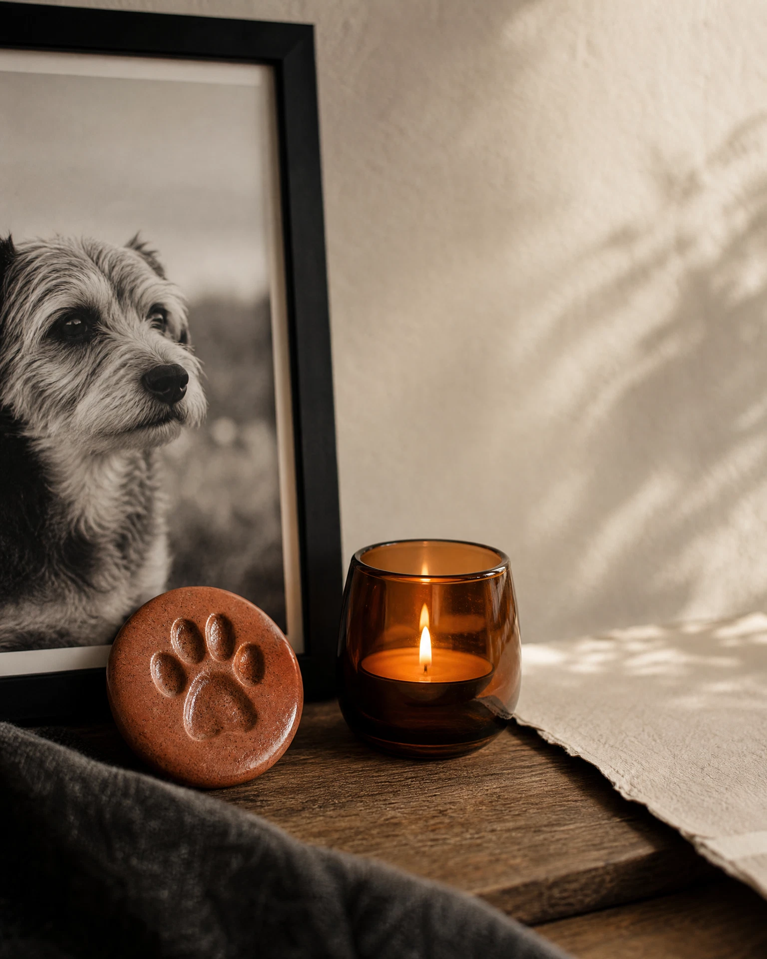 Huellas suaves junto a un recuerdo para mascota